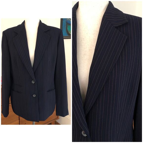 Kasper Pinstripe Blazer Women’s 12 Large Blue 2 Button Corpcore Preppy Office - Picture 1 of 15